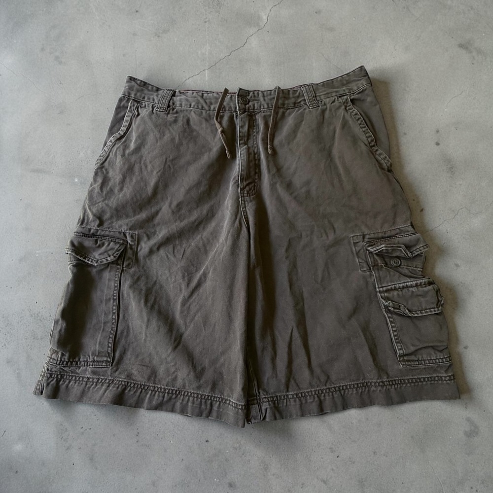 Y2K Cargo Supply Mens Brown Cotton Utility Cargo Shorts Size 38 Drawstring Waist
